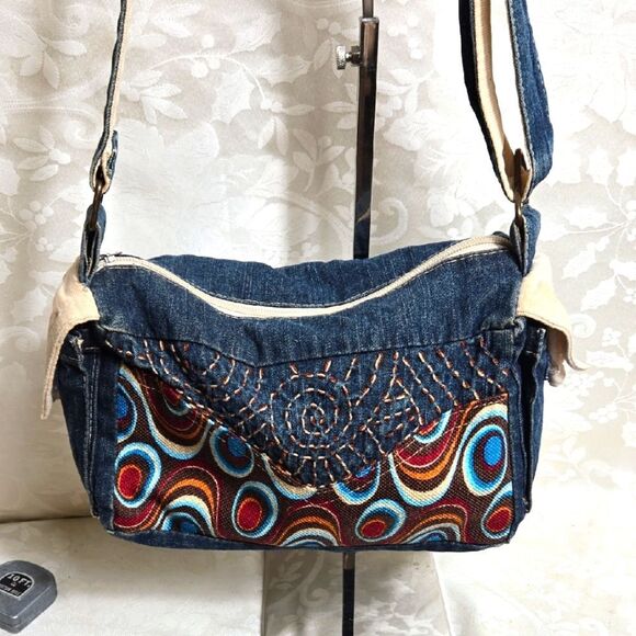 Butterfly Denim Shoulder Bag with  Multicolor Accents - Picture 1 of 8